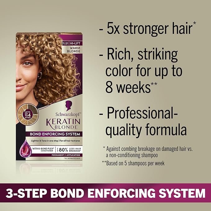 Schwarzkopf Keratin Blonde Hair Dye, 11.51 High Lift Warm Blonde, Professional Quality Permanent Hair Color, Bond Enforcing System, Pre-Color Serum & Conditioner Included