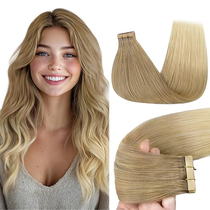 GOO GOO Tape in Hair Extensions Human Hair, O18G/22G(L) Golden Beige Blonde with Ash Highlights, 16inch 50g 20pcs, Skin Weft Seamless Invisible, Silky Straight with Thick Ends, Remy Human Hair