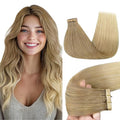 GOO GOO Tape in Hair Extensions Human Hair, O18G/22G(L) Golden Beige Blonde with Ash Highlights, 24inch 50g 20pcs, Skin Weft Seamless Invisible, Silky Straight with Thick Ends, Remy Human Hair