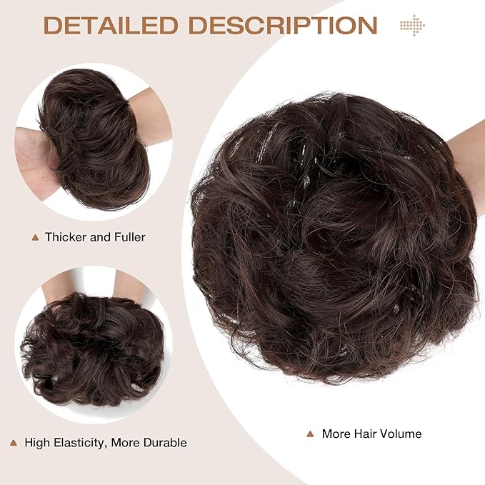 Messy Bun Hair Piece Wavy Curly Scrunchies Fluffy Donut Thick Updo Elegant Chignon Hairpieces for Women Girls, Black & Dark Auburn 1.4oz