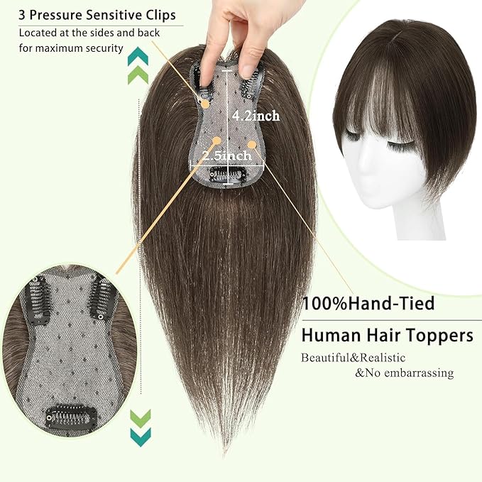 Hair Toppers for Women Real Human Hair, 360°3D Bangs Clip Human Toppers for Women with Thinning hair Realistic Scalp Line (Medium Brown, 3D Wispy Bangs(11 * 7))