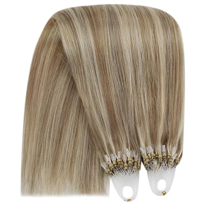 YoungSee Micro Link Hair Extensions Human Hair Highlight Micro Loop Hair Extensions Real Human Hair Light Brown Highlights Blonde Microbead Hair Extension for Adding Hair Volume 18 Inch 50s 50g