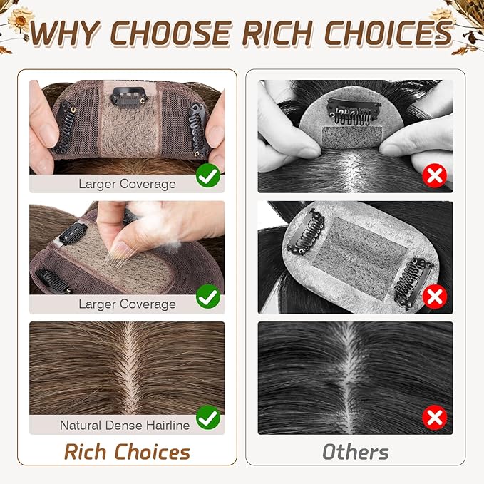 Rich Choices Real Human Hair Toppers for Women With Bang 100% Remy Human Hair Topper for Thinning Hair Clip in Silk Base Hair Topper 6 Inch #2R Chocolate Brown
