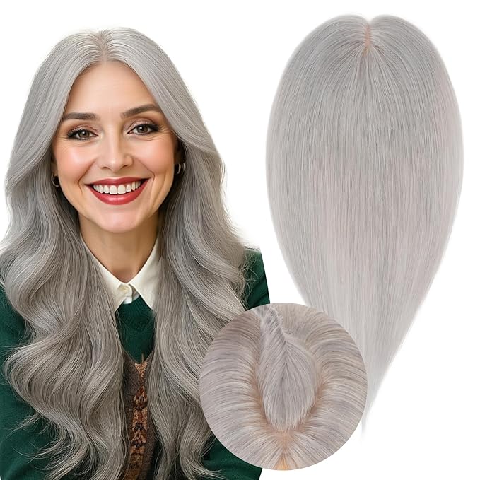 Real Human Hair Toppers for Women 3.54"*4.72" Silky Base 150% Density No Bangs Adjustable Parting Clip-In Topper Hairpieces for Women with Thinning Hair 14 Inches Silver Grey