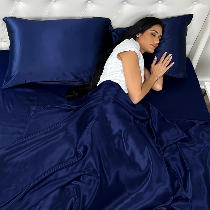 Mulberry Park 30 Momme 100% Pure Mulberry Silk Pillowcase - Luxury Charmeuse Weave for Hair and Skin, Cooling Silk Pillow Cover for Beauty Sleep - Standard Size 20"x26" / Navy