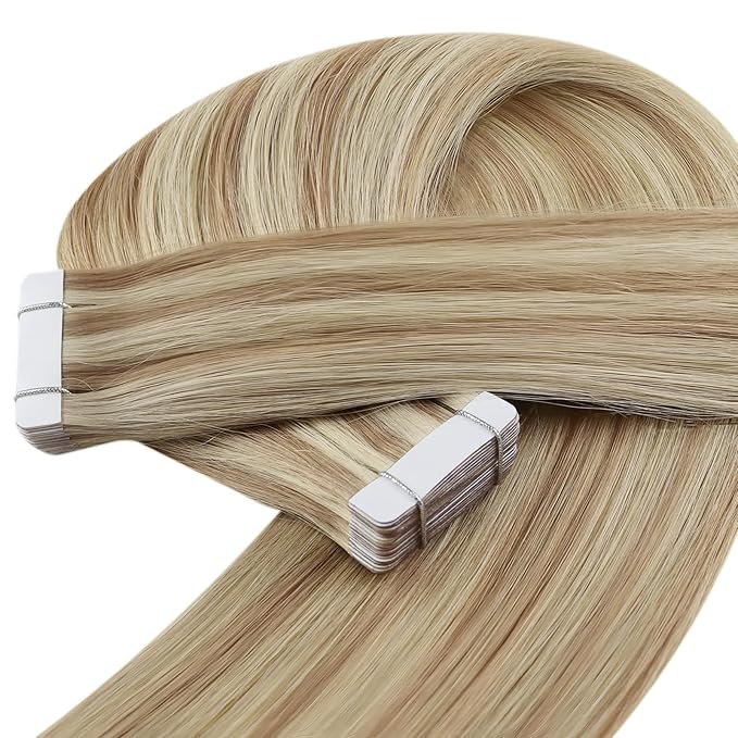 YoungSee Tape in Hair Extensions Human Hair Blonde Highlight Seamless Tape-in Hair Extensions Human Hair Light Blonde with Strawberry Blond Tape Extension Real Hair for Girls 14 Inch 20pcs 50g