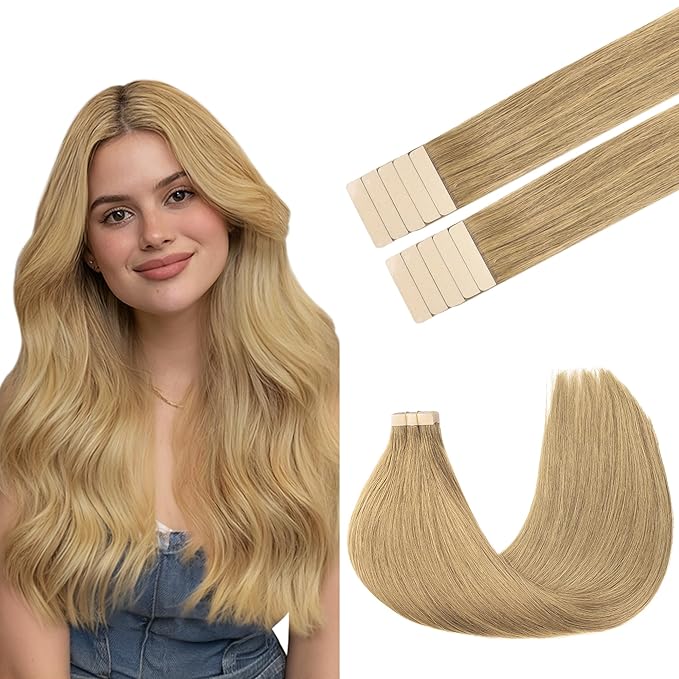 GOO GOO Tape in Hair Extensions Human Hair, 7 Bronde, 16inch 25g 10pcs, Skin Weft Seamless Invisible, Silky Straight with Thick Ends, Remy Human Hair