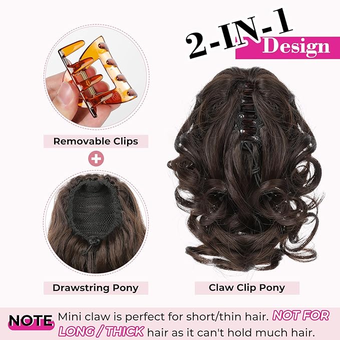 REECHO 9" Short Ponytail Extension, Classic Loose Curly Wavy Claw Clip Pony tails Hair Extensions HP001 Hairpieces for Women - Dark Brown with Highlights
