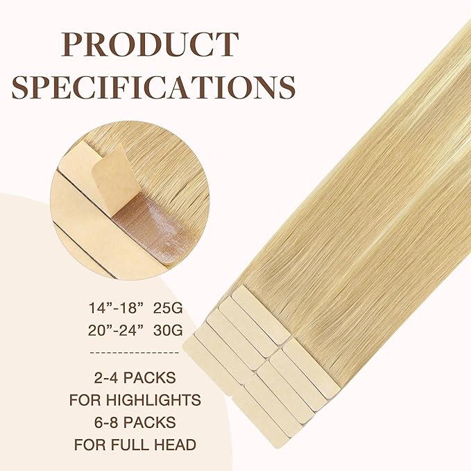 GOO GOO Tape in Hair Extensions Human Hair, 18AT60A Pearl Ash Blonde Highlights, 16inch 25g 10pcs, Skin Weft Seamless Invisible, Silky Straight with Thick Ends, Remy Human Hair