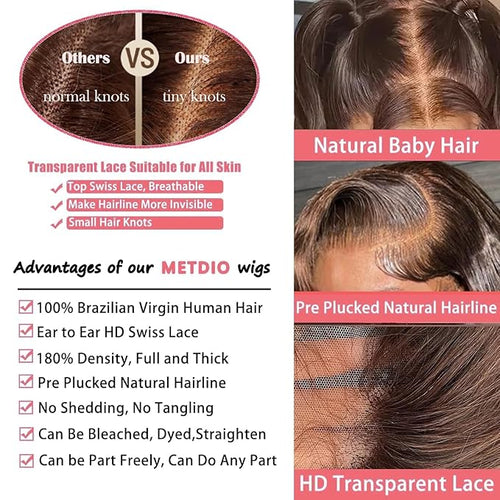13x6 Body Wave Lace Front Wigs Human Hair Chocolate Brown Wig Human Hair Pre Plucked With Baby Hair 180 Density 4# Colored Brown HD Lace Frontal Wigs for Women 26Inch