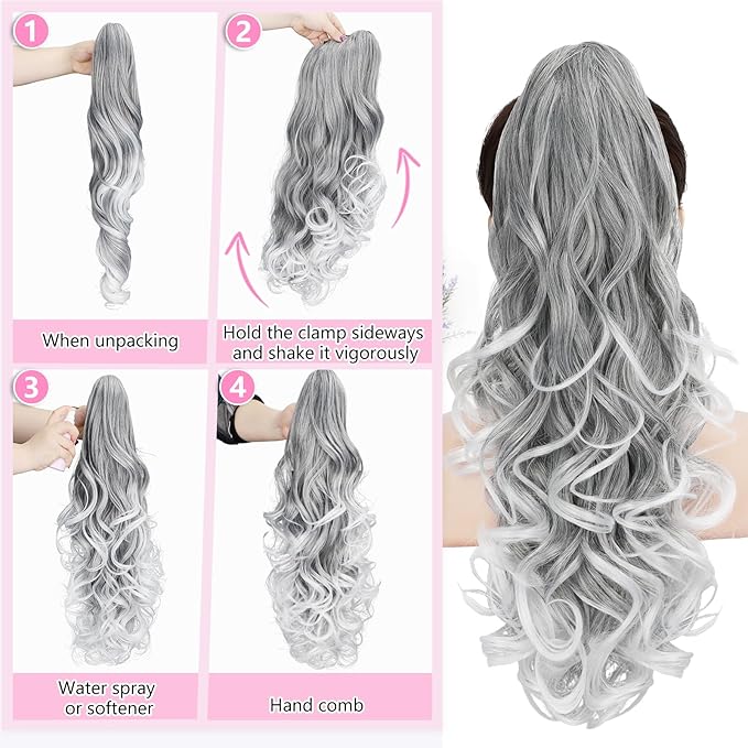 ALXNAN Ponytail Extension,24 Inch Claw Clip in Long Curly Wavy Grey with White Ends Ponytail Hair Extension Jaw Clip on Pony Tails Hairpiece for Women