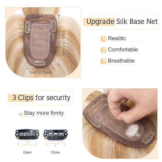 SEGO Hair Toppers for Women Real Human Hair With Bangs, 7 * 13CM Silk Base 100% Remy Human Hair Clip in Top Wiglet Hairpieces Add Volume -6 Inch Golden Brown&Bleach Blonde