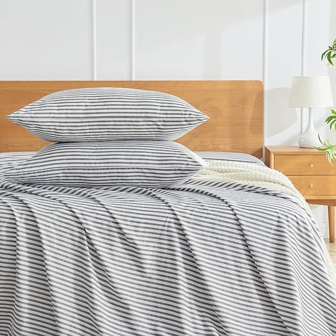 JELLYMONI 100% Natural Cotton Plaid King Pillowcases Set, 2 Pack Dark Gray with White Stripes Pattern Printed Pillow Covers with Envelope Closure(Pillows are not Included)