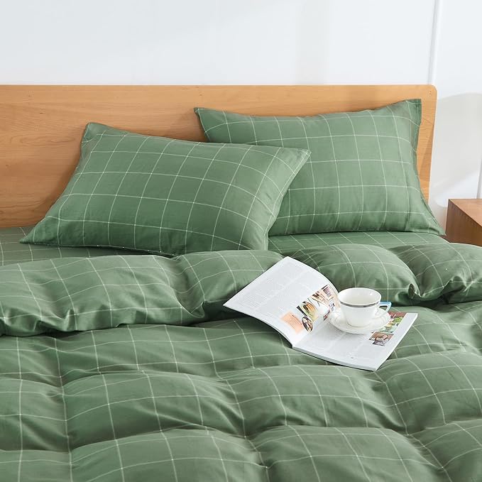 JELLYMONI 100% Natural Cotton Plaid King Pillowcases Set, 2 Pack White with Green Grid Geometric Pattern Printed Pillow Covers with Envelope Closure(Pillows are not Included)