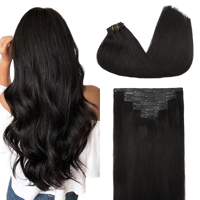 GOO GOO Clip in Hair Extensions Real Human Hair, Remy Human Hair Extensions Clip ins for Women, Natural Human Hair, 24inch 140g 7Pcs, #1B Natural Black
