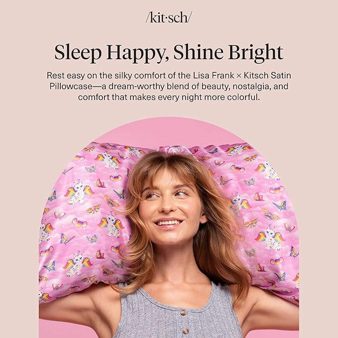 Kitsch x Lisa Frank Satin Pillowcase with Zipper for Hair & Skin, Softer Than Silk Pillow Cases Queen, Wrinkle-Free, Smooth and Cooling Satin Pillow Covers Standard/Queen Size 19x26 - Angel Kitty