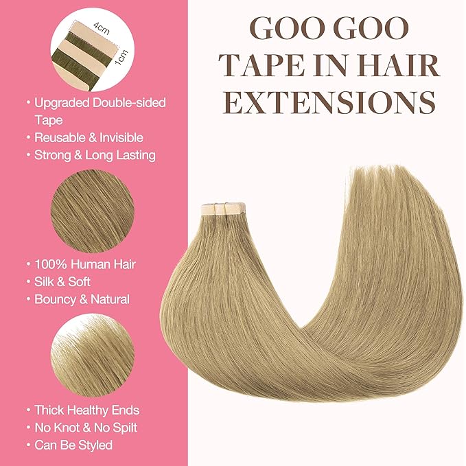 GOO GOO Tape in Hair Extensions Human Hair, 7 Bronde, 26inch 120g 40pcs, Skin Weft Seamless Invisible, Silky Straight with Thick Ends, Remy Human Hair