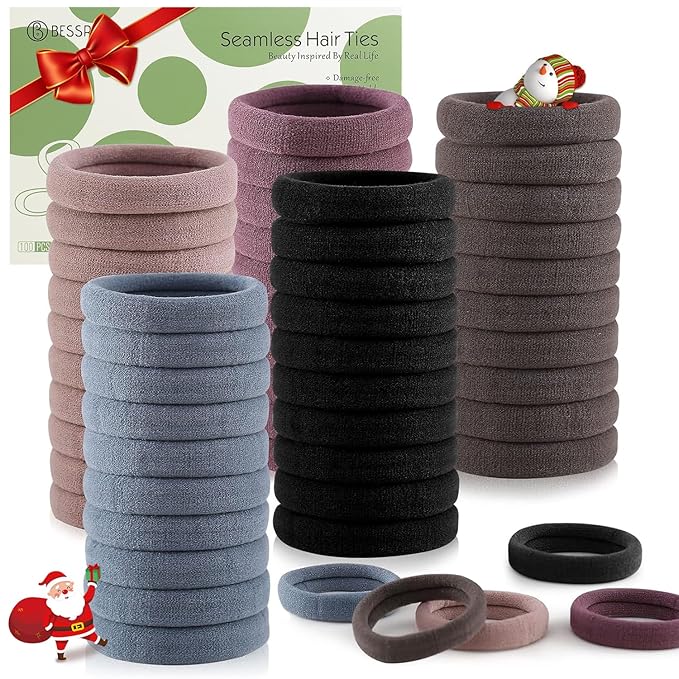 100 Pcs Thick Seamless Hair Ties, Ponytail Holders Hair Accessories No Damage for Thick Hair, Valentine's Day Christmas Gift (Natural Colors)