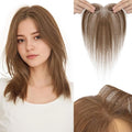 Hairro Human Hair Toppers with Side Bangs, 3D 360° Seamless Real Hair Toppers, Hand-Tied with 3.5"x4.7" T-shaped Base, Clip-In Hairpieces to Add Volume on Top, 11 Inch Medium Brown