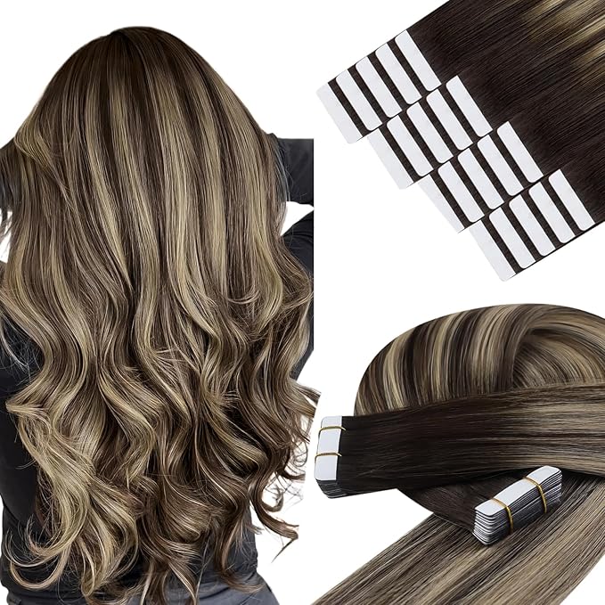 YoungSee Invisible Tape in Hair Extensions Balayage Tape in Hair Extensions Human Hair Dark Brown Roots Ombre Ash Blonde Tapein Extension Real Human Hair for Short Hair 12Inch 20pcs 30g