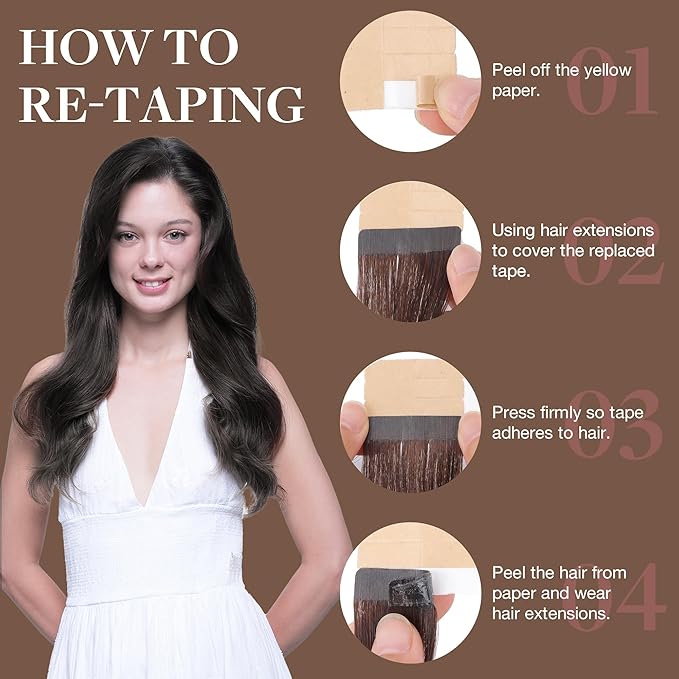 GOO GOO Tape in Hair Extensions Human Hair, 2A Light Brown, 16inch 50g 20pcs, Skin Weft Seamless Invisible, Silky Straight with Thick Ends, Remy Human Hair