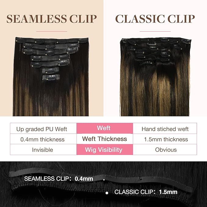 GOO GOO Clip in Hair Extensions Real Human Hair, Remy Human Hair Extensions Clip ins for Women, Natural Human Hair, 18inch 130g 7Pcs, 1B/6/1B Balayage Natural Black to Chestnut Brown