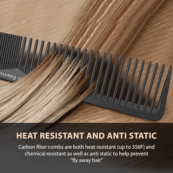 Styling Comb (5 Pack) | Professional 7 Inch Black Carbon Fiber Anti Static Chemical And Heat Resistant Comb For All Hair Types | Fine and Wide Tooth Combs For Men and Women | By Bardeau Essentials