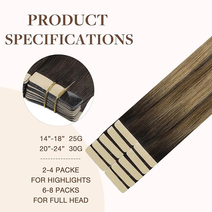 GOO GOO Tape in Hair Extensions Human Hair, 4D/14/5B Brunette Balayage, 14inch 25g 10pcs, Skin Weft Seamless Invisible, Silky Straight with Thick Ends, Remy Human Hair