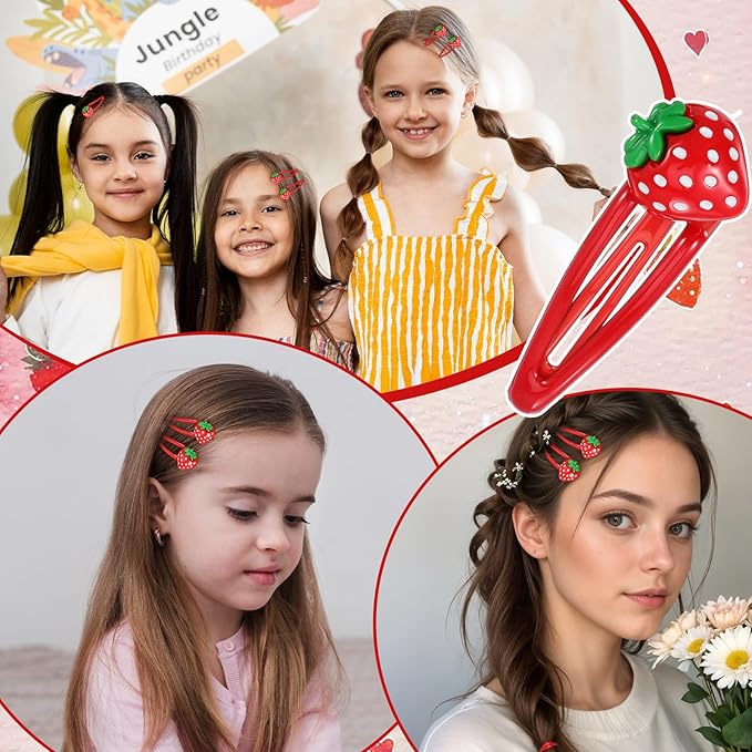 20 Pcs Red Metal Snap Fruit Hair Clips, Cute Strawberry Hair Accessories, Alligator Hairs Clips Red Metal Fruit for Girls, Women, Kids