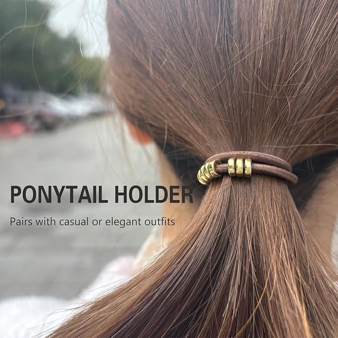 Brown Bracelet Hair Ties for Women, 5 Pack Cute 3mm Thick Elastic Ponytail Holders Accessories No Damage Stretchy Beaded Pony Tails Hair Ties with Gold Metal Charms Beads