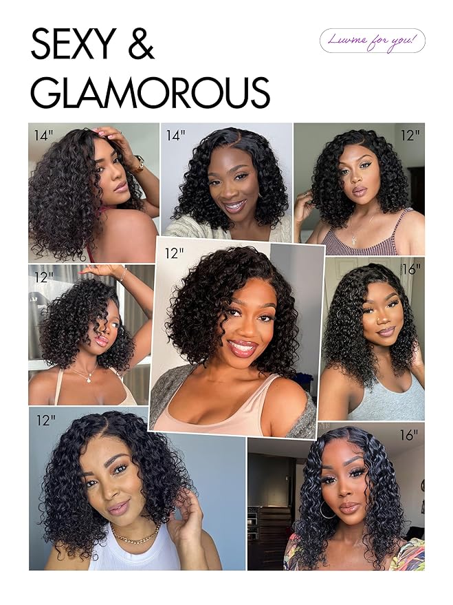 LUVME HAIR Curly Deep Wave Glueless Lace 100% Human Hair Short Wigs 14 Inches Pre Cut Plucked Hd Lace Wig Ready To Go Natural Color Bleached Knots Side Part Black Wigs 14 Inches