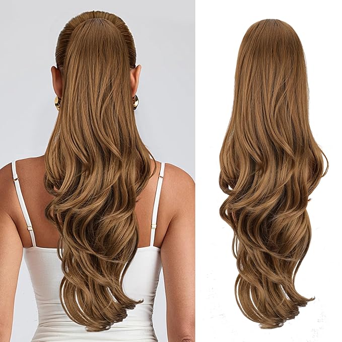 Ponytail Extension, Drawstring Ponytail Extension for Women 26 Inch Long Wavy Brown Pony Tails Hair Extensions Synthetic Clip in Ponytail Hairpiece for Women 8/27