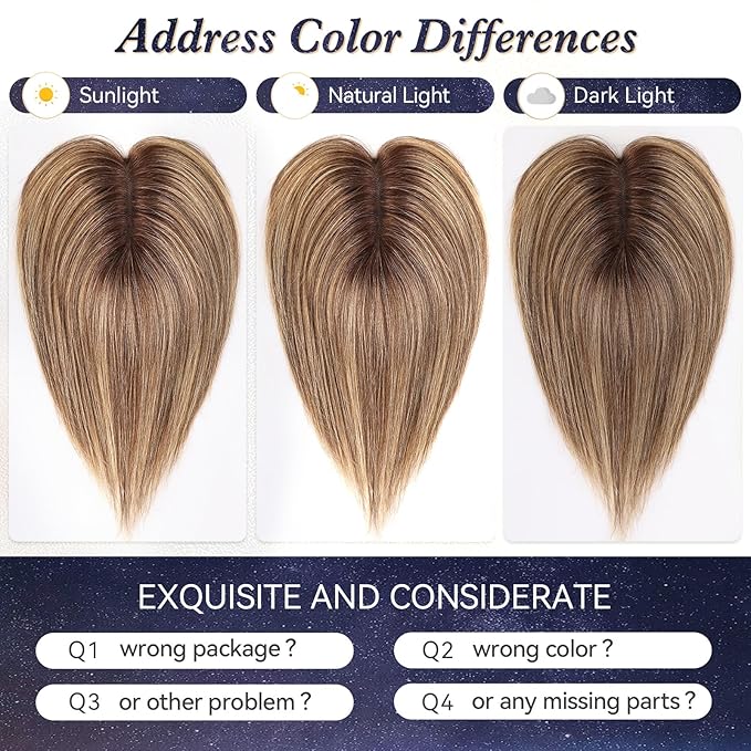 starluck Real Human Hair Toppers for Women 10 Inch Human Hair Topper no Bangs, 3 * 4.5 inches Swiss Base Suitable for ThinningHair Cover Grey Roots(Medium Brown and Honey Blonde Mix)