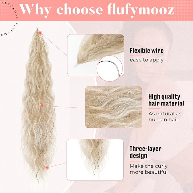 Flufymooz Ponytail Extension, Flexible Wrap Around Ponytail Extension Long Wavy Curly Ponytail Hair Extensions Natural pony tail Synthetic Hairpiece for Women 32 Inch (Dark Blonde to Light Blonde)