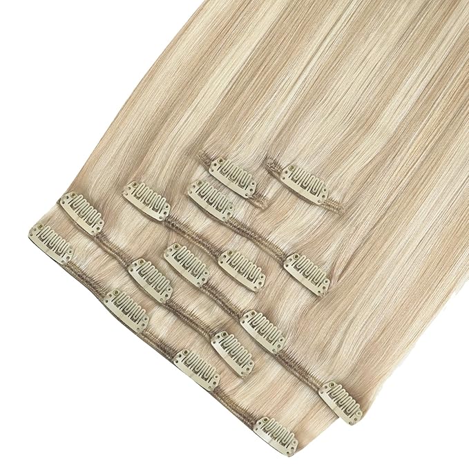 YoungSee Clip in Human Hair Extension Ash Blonde Clip in Hair Extensions Human Hair Warm Ash Blonde Highlights Bleach Blond Thick Hair Clip in Extensions 120G 22Inch 7Pcs
