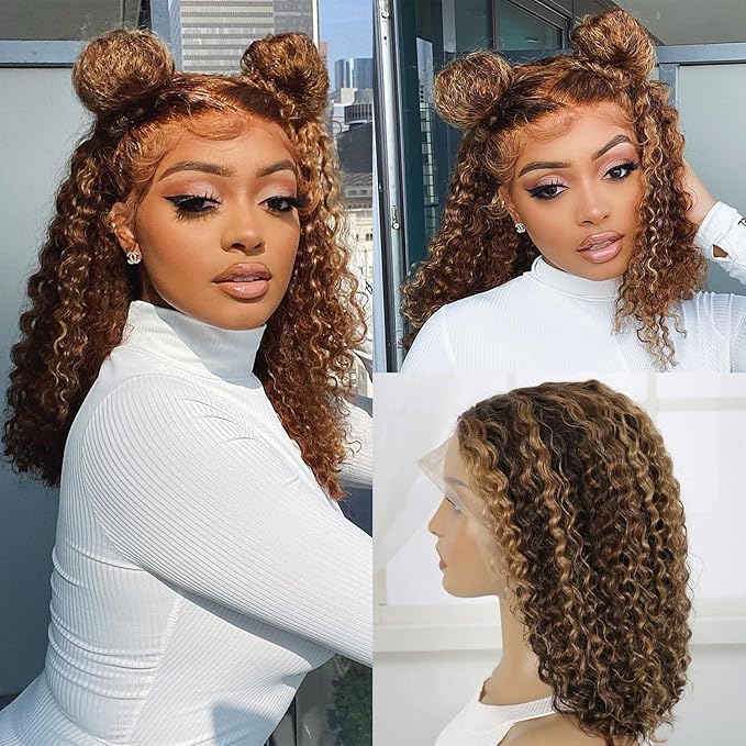 Highlight Ombre 13x6 Lace Front Wig Human Hair 210 Density 12 Inch Deep Wave Honey Blonde Glueless HD Transparent Lace Frontal Wigs for Women