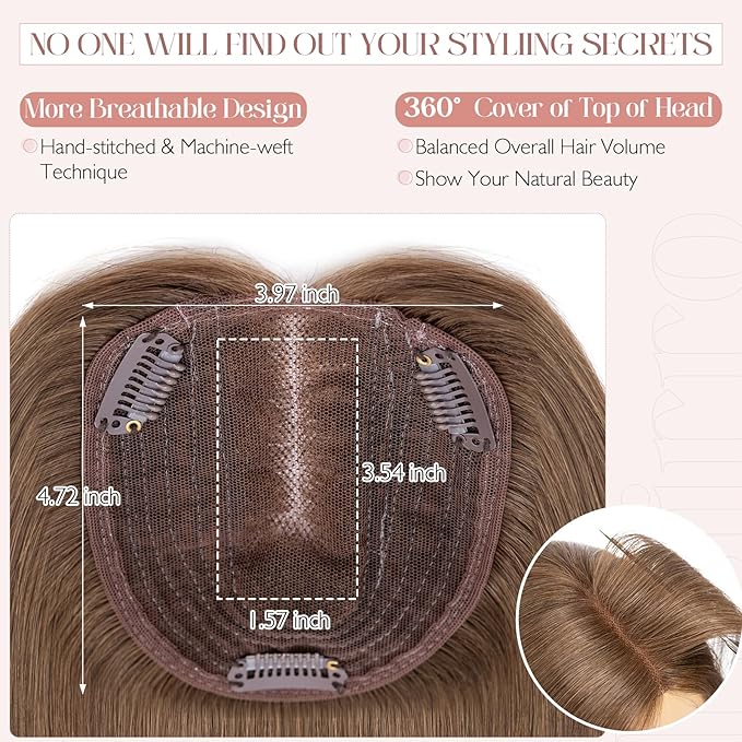 Hairro 100% Human Hair Topper No Bangs, Real Clip in Hair Hairpieces for Women, 3.94x4.72" Silk Base for Thinning Receding High Hairline, 10 Inch Medium Brown Middle Part