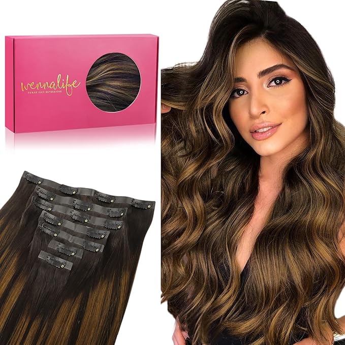 WENNALIFE Seamless Clip In Hair Extensions Human Hair, 24 Inch 160g 7pcs Balayage Dark Brown to Chestnut Brown Hair Extensions Clip in Human Hair Invisible PU Skin Weft Natural Remy Human Hair Extensi