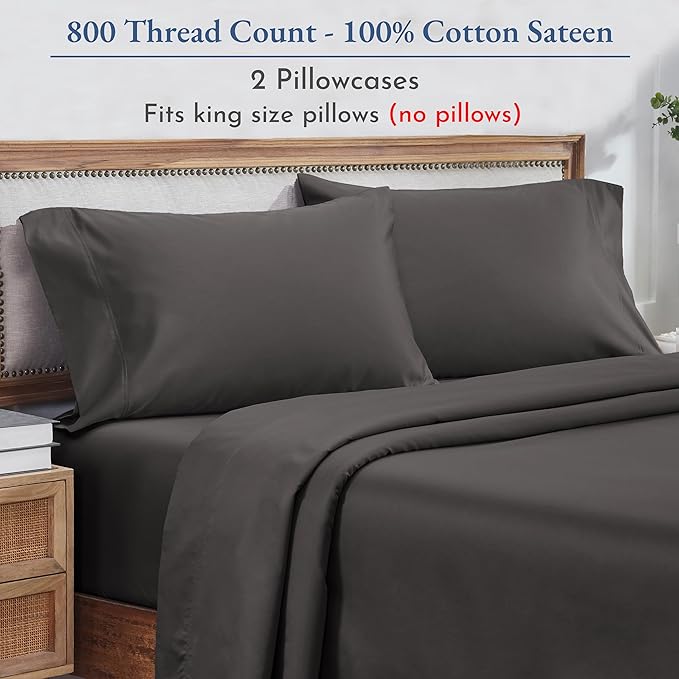 California Design Den Heirloom Soft, Smooth & Thick Certified 800 Thread Count 100% Cotton Sateen, 2 Pillow Cases King Size, Fits King Pillows (Grey)