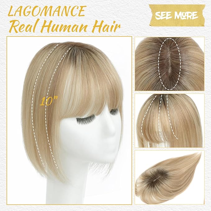 Hair Toppers for Women Real Human Hair Toppers for Women with Thinning Hairs Clip in Bangs 10 inch Swiss Base Hairpieces Loss Cover(Medium Brown to Creamy Iced Blone)#4T1016