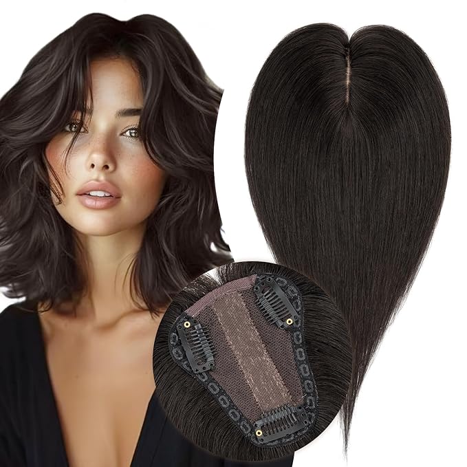 S-noilite Hair Toppers for Women Real Human Hair 3D 360° Cover Clip in 100% Real Human Hair Toppers 3″*4″ Clip in Silk Base 12 inch Natural Black