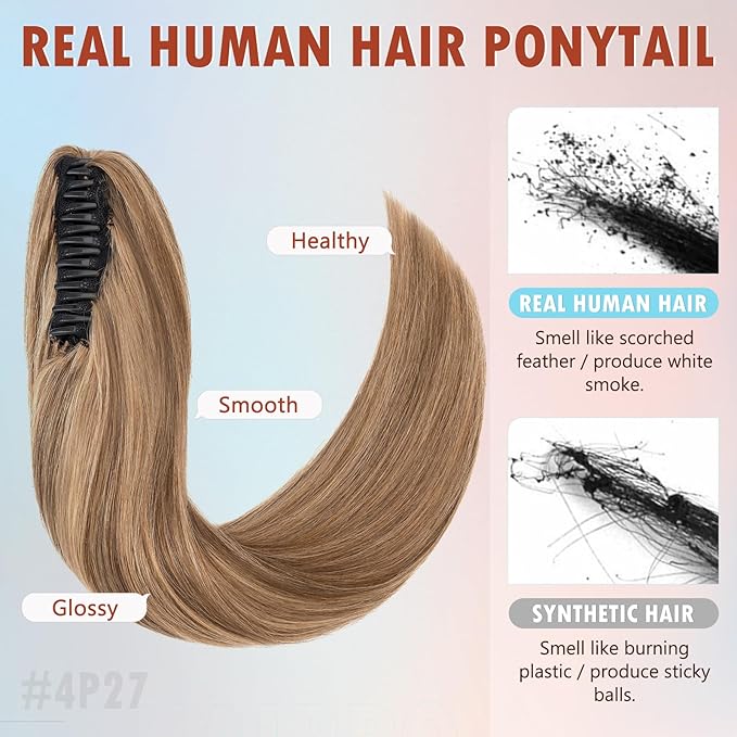 Hairro Claw Clip Ponytail Human Hair Extensions Jaw On Ponytails Remy Long Straight Jaw/Claw Clips Pony Tail Hairpieces For Women 14 Inch 105g #4P27 Medium Brown Mix Dark Blonde