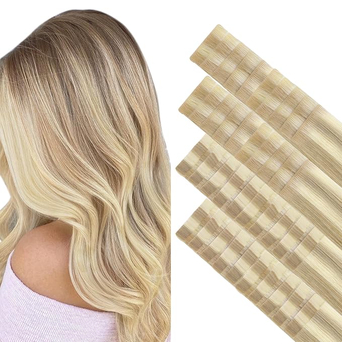 GOO GOO Invisi Edge Tape in Hair Extensions Human Hair, 18A/613A Dark Blonde Highlighted Bleach Blonde 20pcs injected with 20pcs classical tape ins, 22inch 100g, Virgin Remy Hair, Natural Look