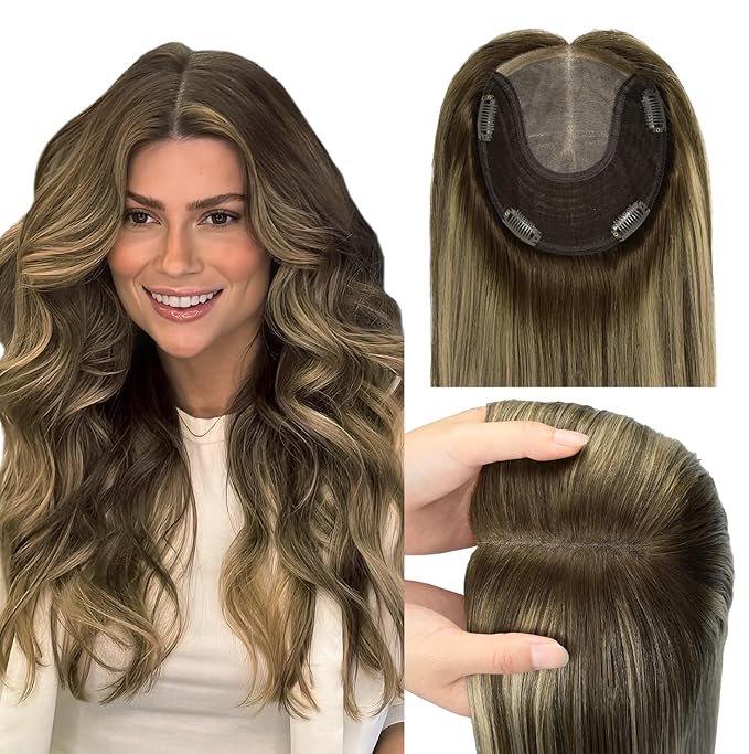 WORLDSTAR Hair Toppers for Women Real Human Hair No Bangs 6 * 7 Inch Base 14 Inch 65g #4/27/4 Balayage Chocolate Brown Ombre Caramel Brown Toppers Hair Pieces for Women with Thinning (tp#4/27/4-14)