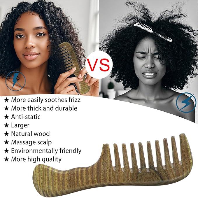 Wooden Hair Comb 3 Pcs, Natural Green Sandalwood Comb for Women and Men, Detangles Wet or Dry Curly, Thin, Thick, Wavy or Straight Hair, Scalp Massager, Anti-static (Medium+ Fine)