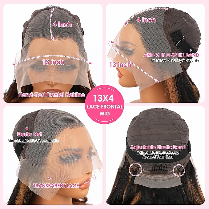 32 Inch Highlight Ombre Lace Front Wig Human Hair Straight Wigs Human Hair 13x4 Pre Plucked 1B/30 Black with Brown Highlight Wig 200% Density Colored Glueless Wigs for Women