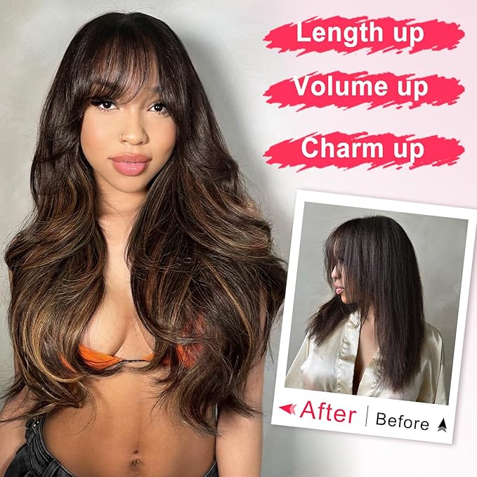 ALXNAN Long Wavy Hair Extensions for Women, Clip in Hair Extensions Clip Ins Soft Full Head Synthetic Hairpieces 20 Inch Balayage Dark Brown to Chestnut Brown