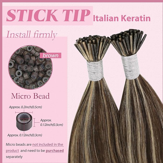 YoungSee I Tip Hair Extensions Human Hair Brown Highlight Itips Hair Extensions Human Hair Dark Brown with Blonde Highlight Tip Hair Extension Soft 20 Inch 50s 50g