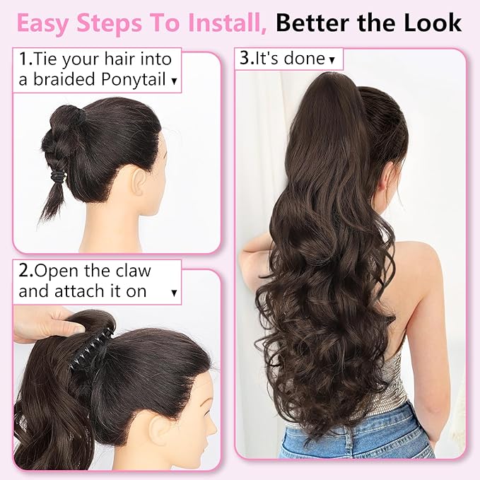 ALXNAN Claw Long Wavy Ponytail Extension,24 Inch Curly Pony Tail Clip in Hair Extensions for Women,Dark Chocolate Brown Clip on Pony Tails Hair Extensions