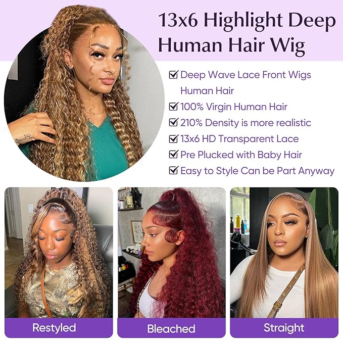 Honey Blonde Highlight Ombre Lace Front Wig Human Hair 210 Density 13x6 HD Lace Front Wigs Human Hair Deep Wave Curly Lace Frontal Wigs Pre Plucked with Baby Hair 32Inch
